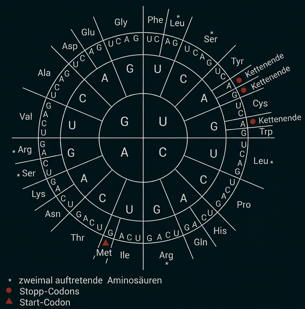 Codonrad mit Aminosäuren und Start- sowie Stopp-Codons.